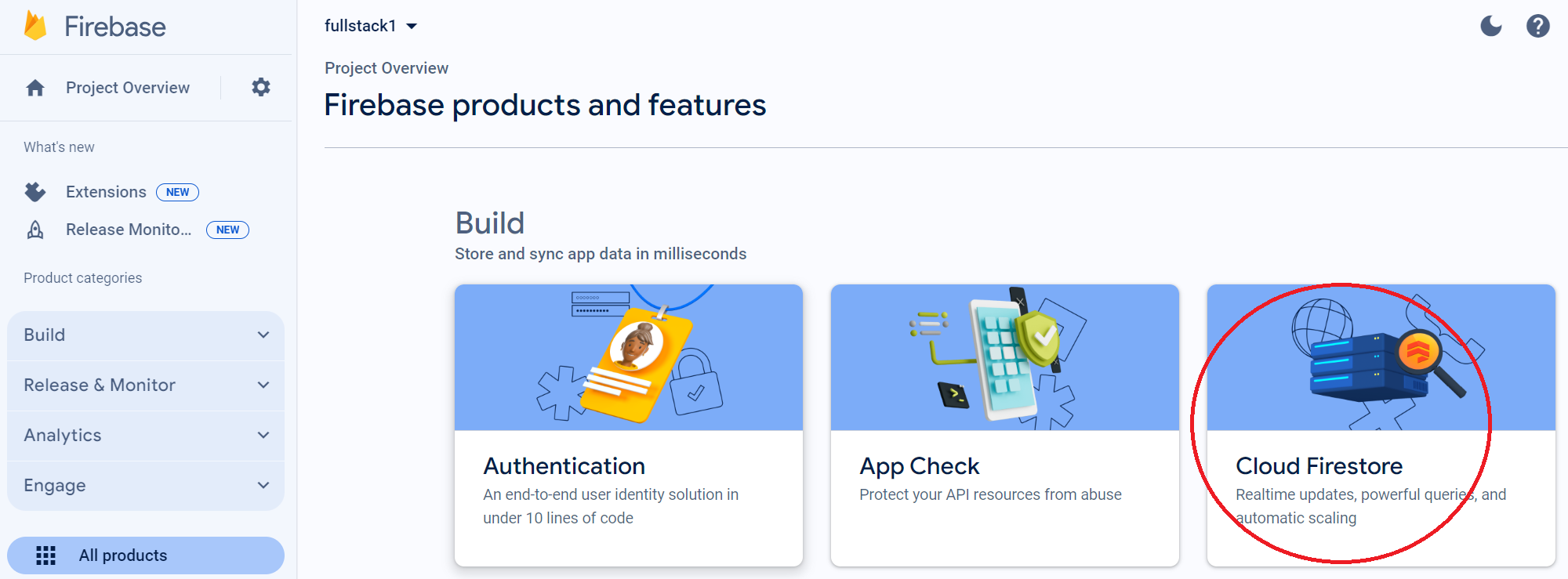 Screenshot of choosing firestore