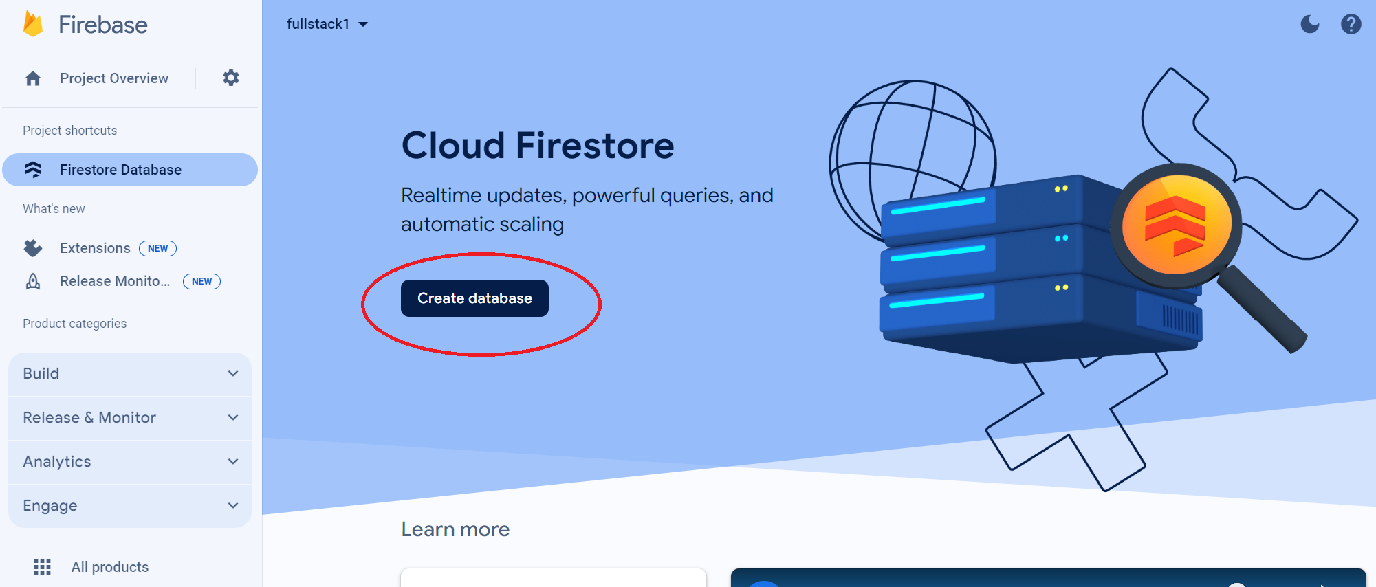 Screenshot of creating firestore