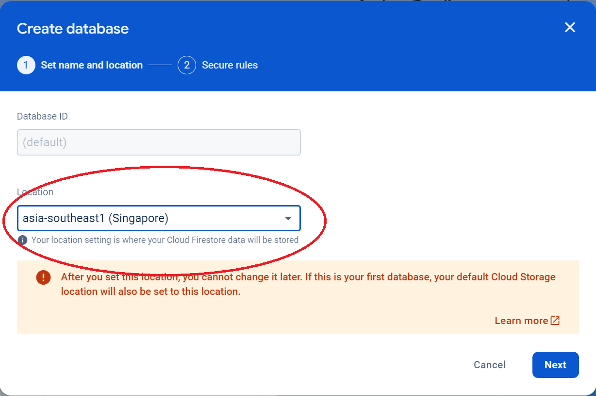 Screenshot of choosing firestore region