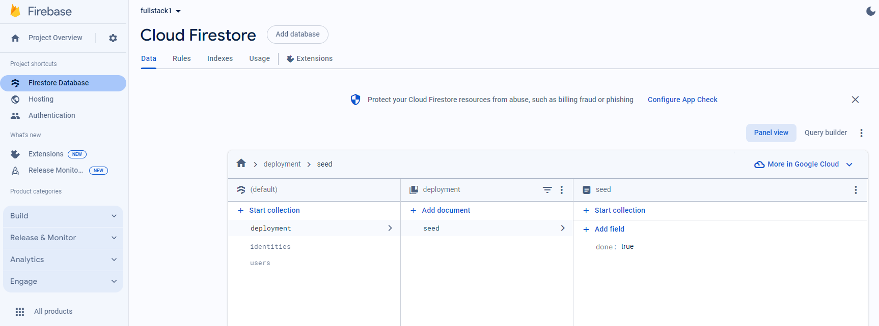 Screenshot of firestore with seeded data