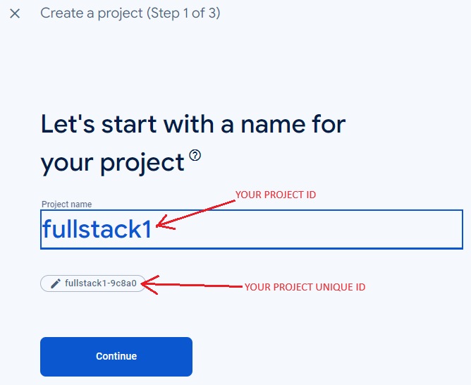 Screenshot of project creation wizard, project ID