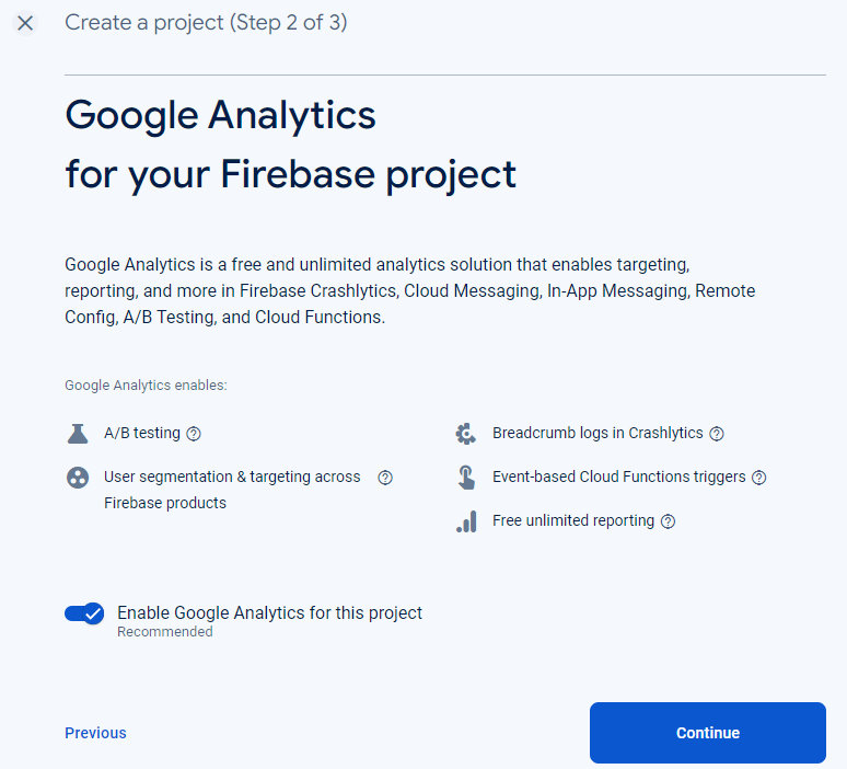 Screenshot of project creation wizard, enable google analytics