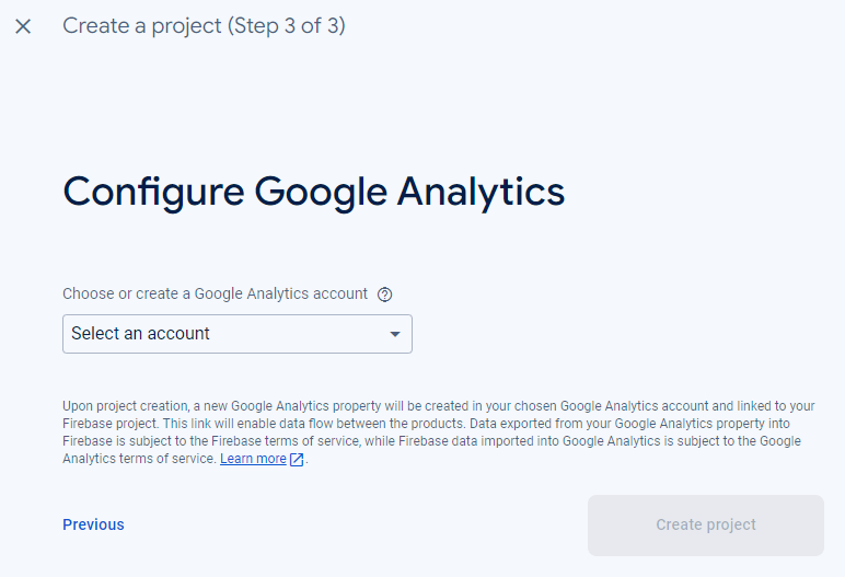 Screenshot of project creation wizard, choose google analytic account