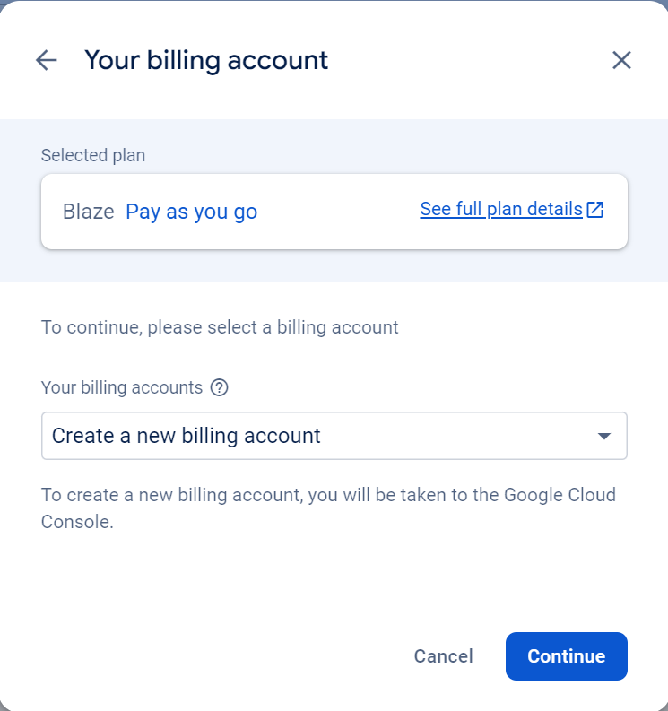 Screenshot of project creation wizard, providing billing account