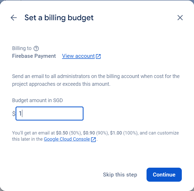 Screenshot of project creation wizard, set billing alert