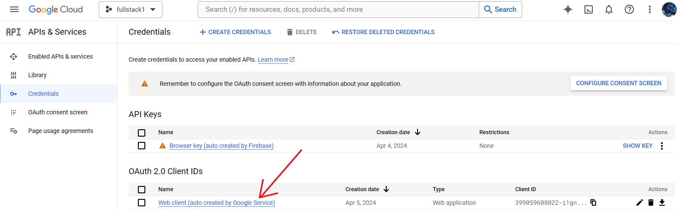 Screenshot of google API management console
