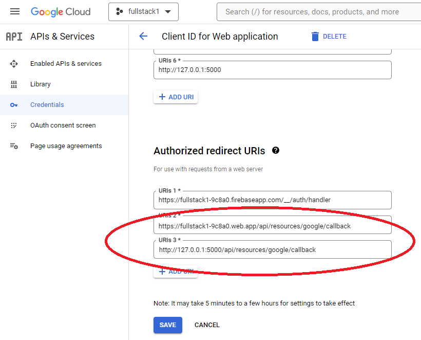 Screenshot of adding redirect URI
