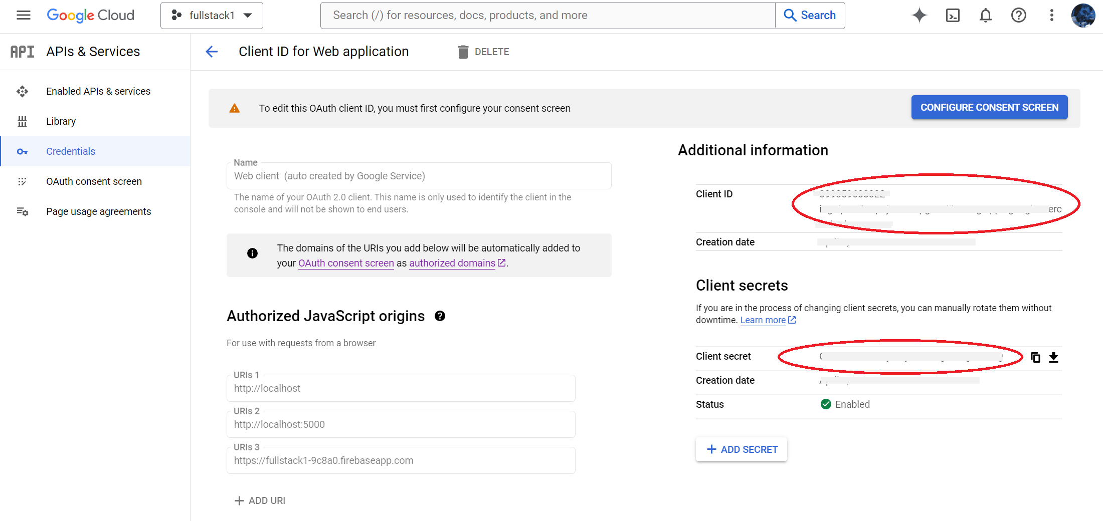 Screenshot of where to find client id and secrets
